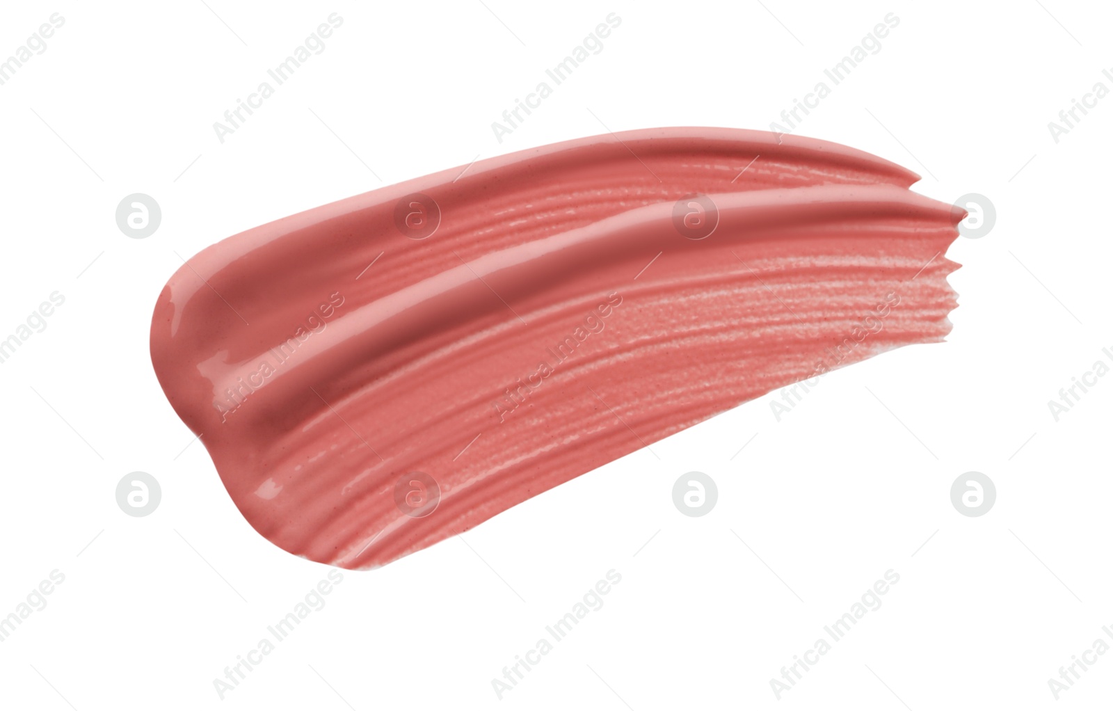 Photo of Pink lipstick isolated on white, top view. Sample of cosmetic product