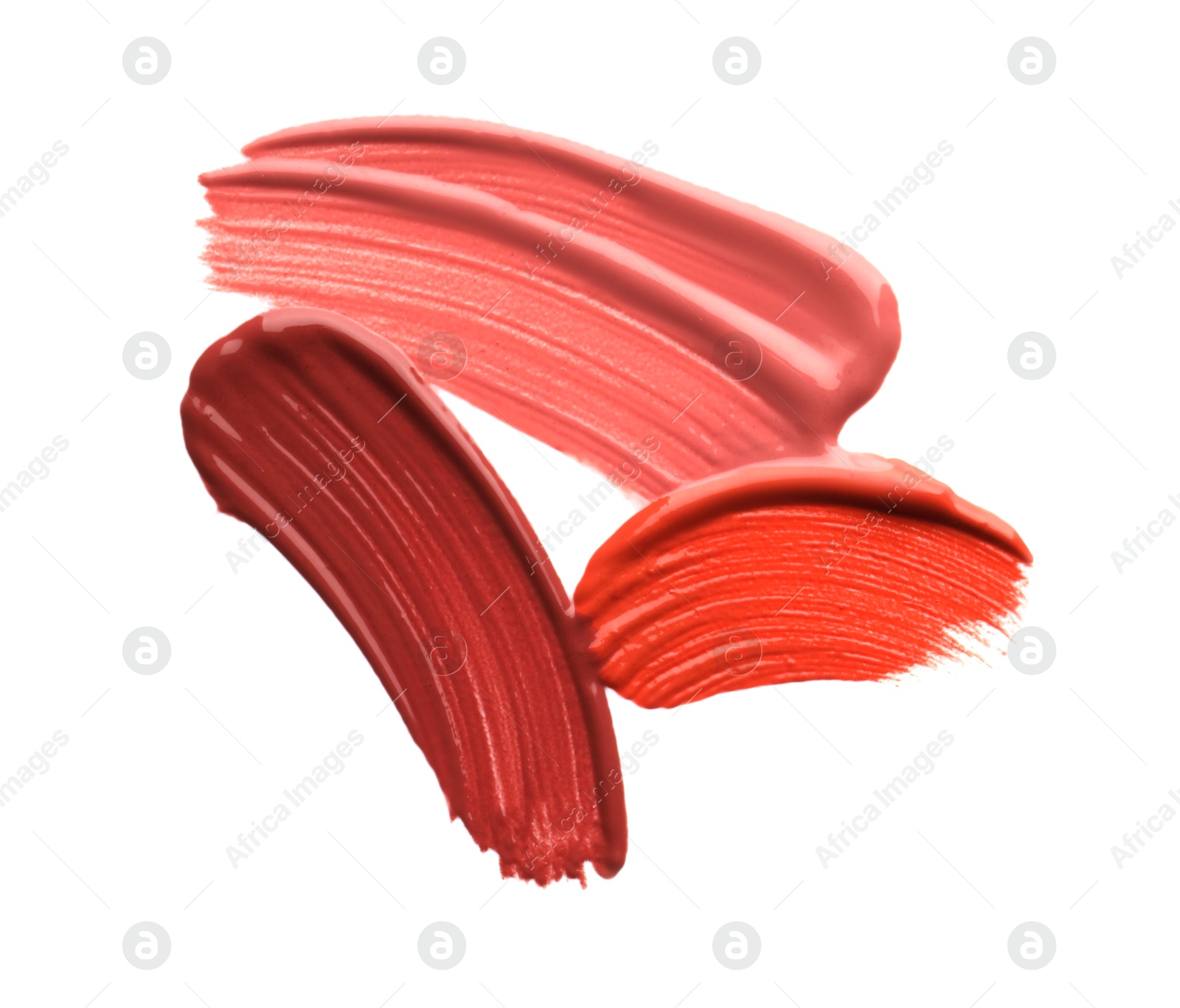 Photo of Different lipsticks isolated on white, top view. Samples of cosmetic product