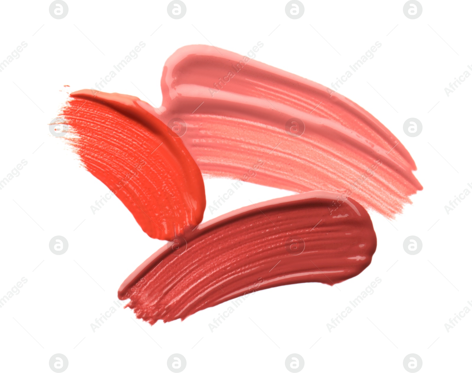 Photo of Different lipsticks isolated on white, top view. Samples of cosmetic product