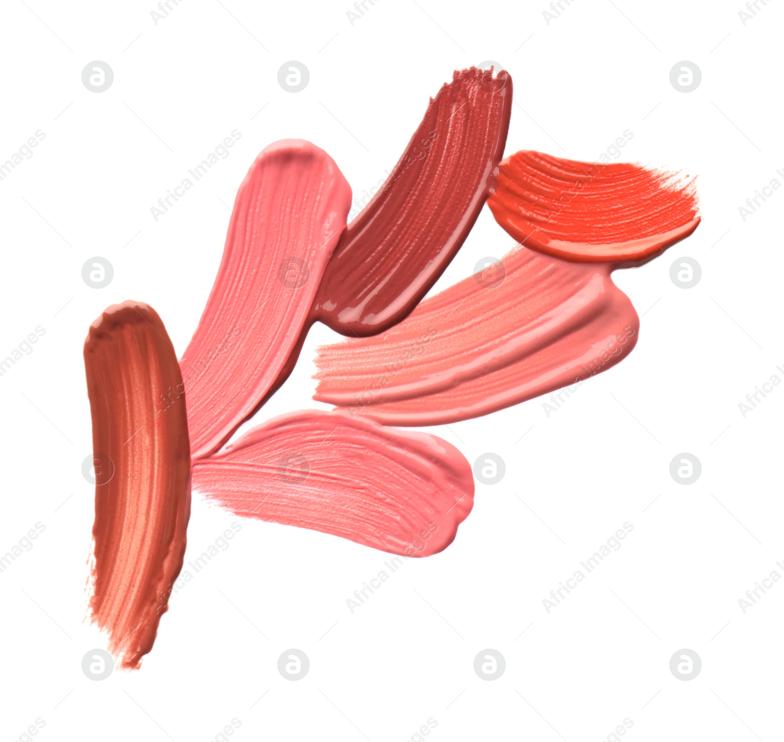 Photo of Different lipsticks isolated on white, top view. Samples of cosmetic product