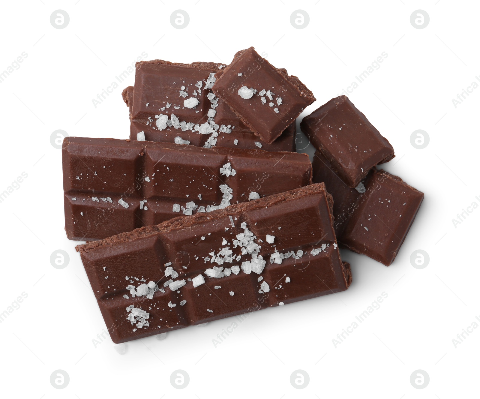 Photo of Pieces of chocolate with salt isolated on white, top view