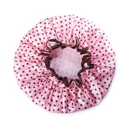 Photo of One pink shower cap isolated on white