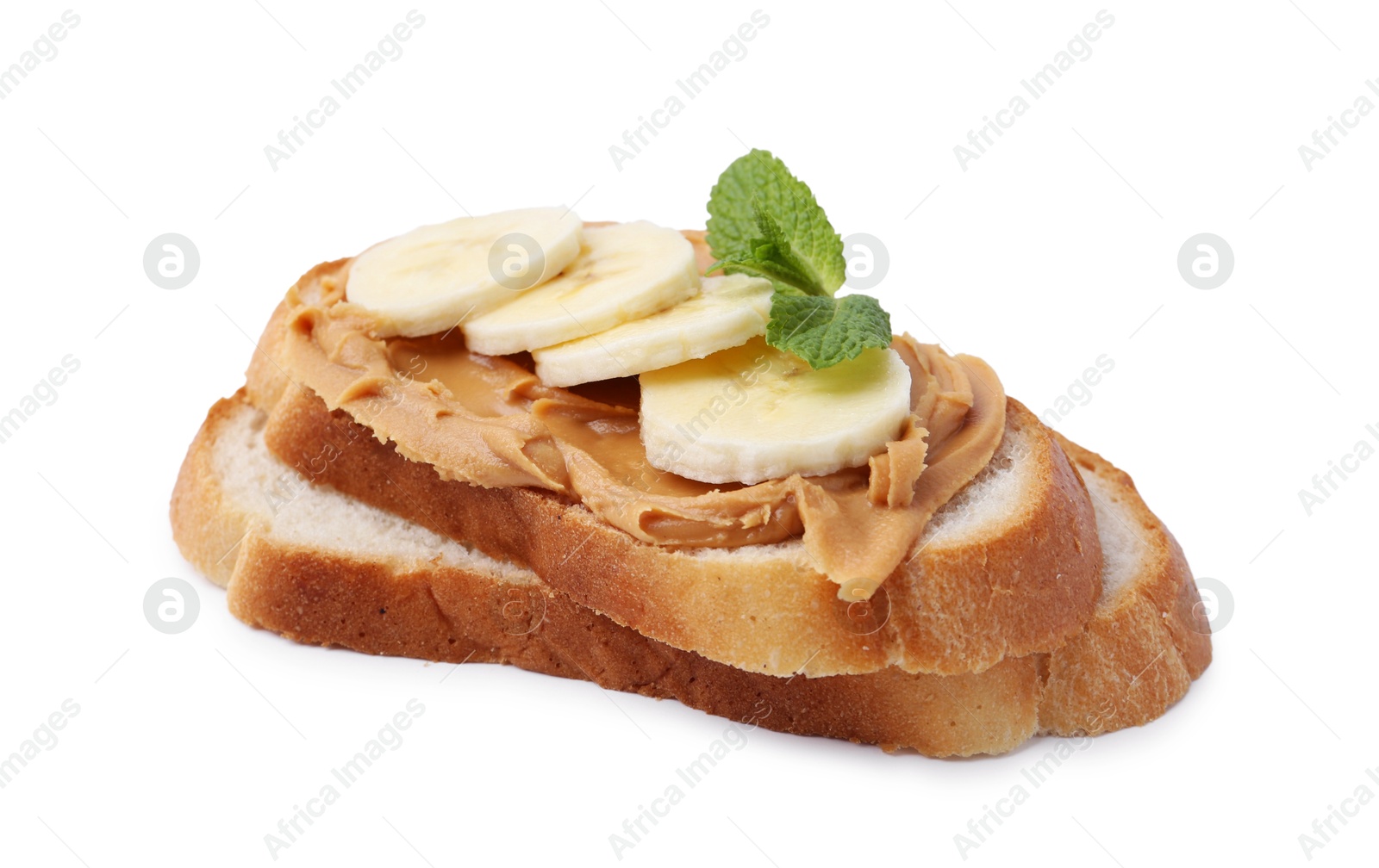 Photo of Tasty sandwich with peanut butter, banana and mint isolated on white