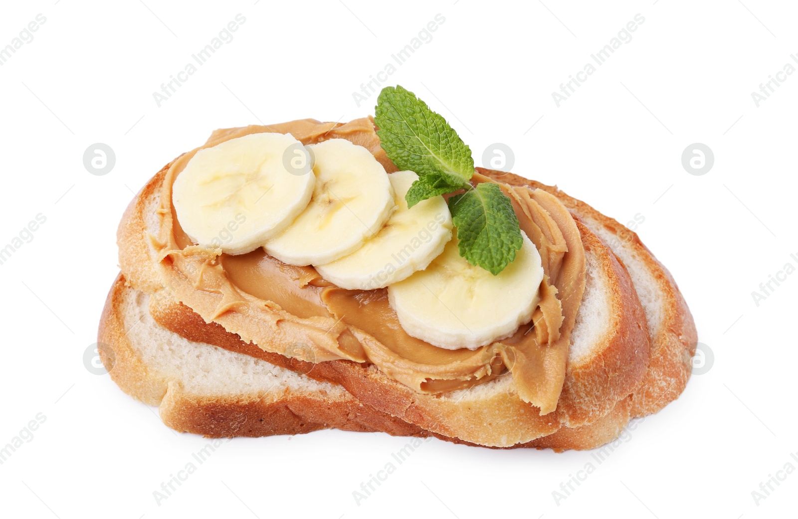 Photo of Tasty sandwich with peanut butter, banana and mint isolated on white