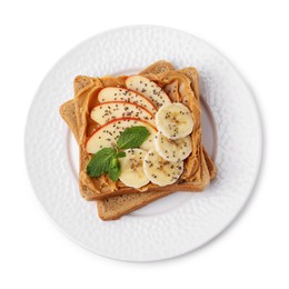 Photo of Tasty sandwich with peanut butter, apple, banana, chia seeds and mint isolated on white, top view