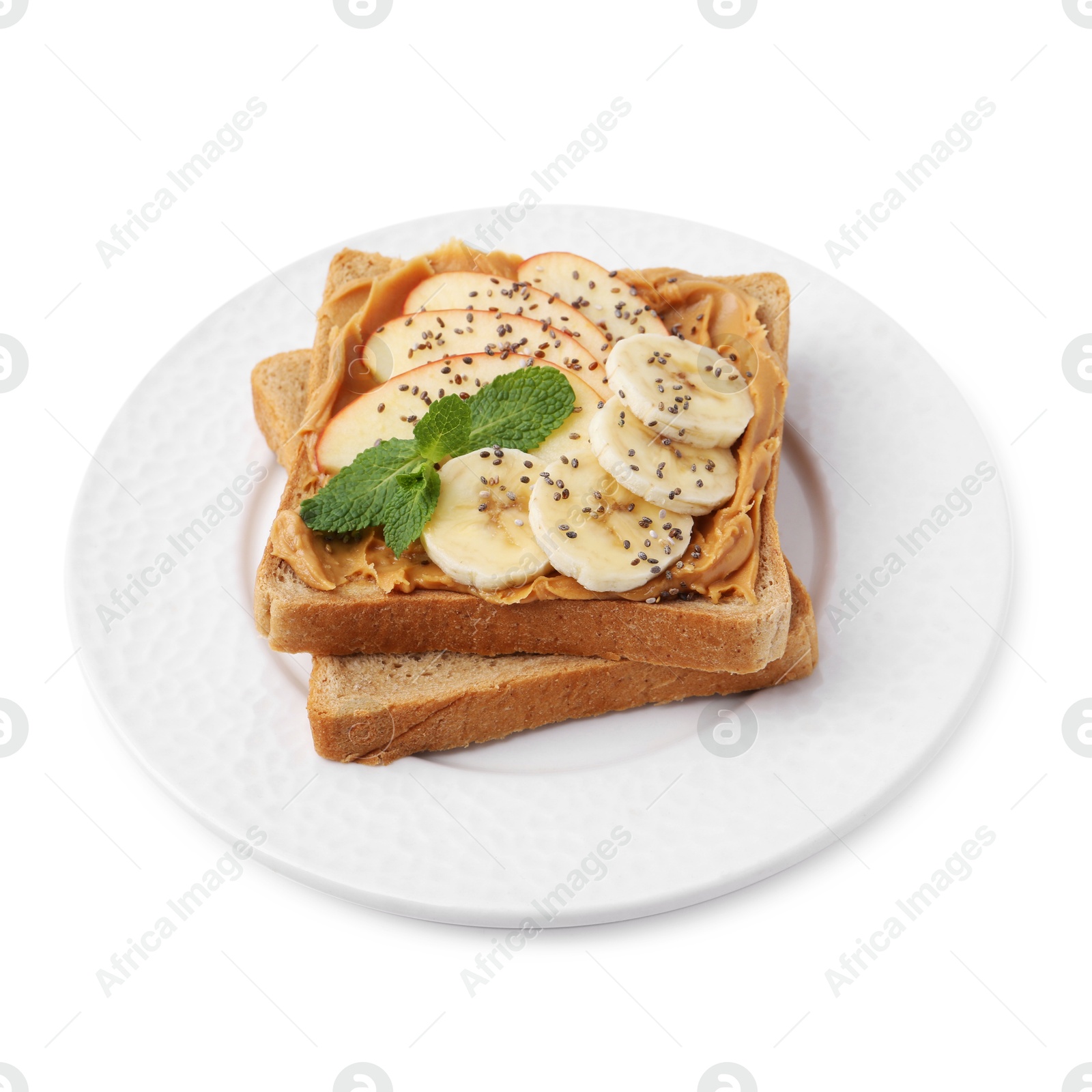 Photo of Tasty sandwich with peanut butter, apple, banana, chia seeds and mint isolated on white