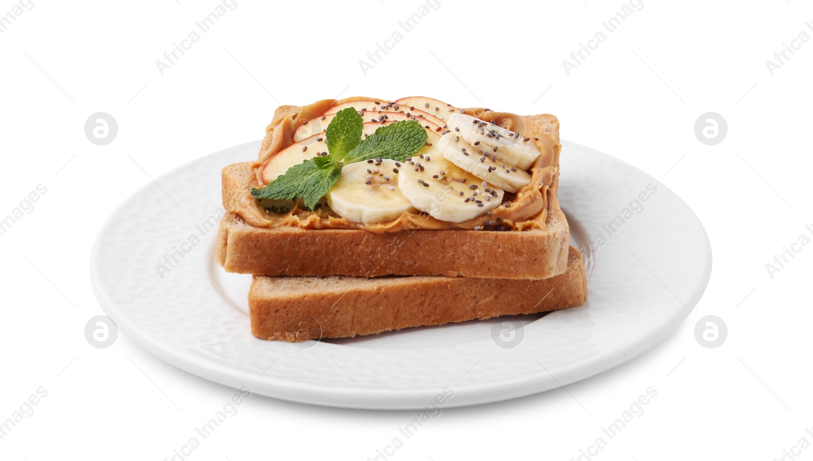 Photo of Tasty sandwich with peanut butter, apple, banana, chia seeds and mint isolated on white