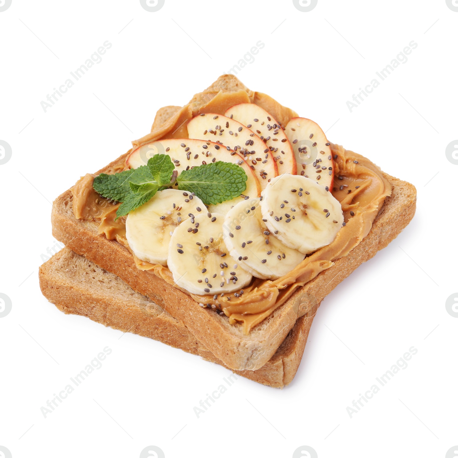 Photo of Tasty sandwich with peanut butter, apple, banana, chia seeds and mint isolated on white