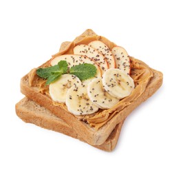 Photo of Tasty sandwich with peanut butter, apple, banana, chia seeds and mint isolated on white