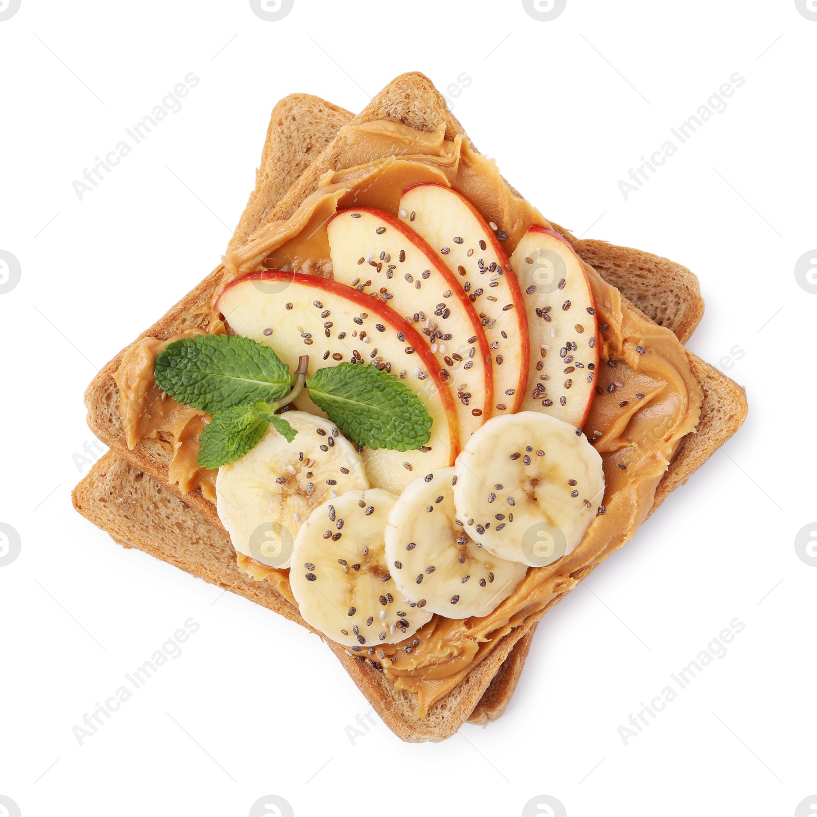 Photo of Tasty sandwich with peanut butter, apple, banana, chia seeds and mint isolated on white, top view