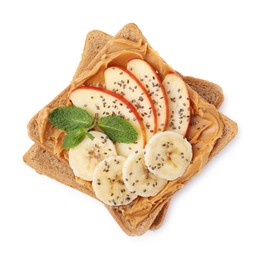 Photo of Tasty sandwich with peanut butter, apple, banana, chia seeds and mint isolated on white, top view