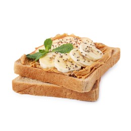 Photo of Tasty sandwich with peanut butter, apple, banana, chia seeds and mint isolated on white