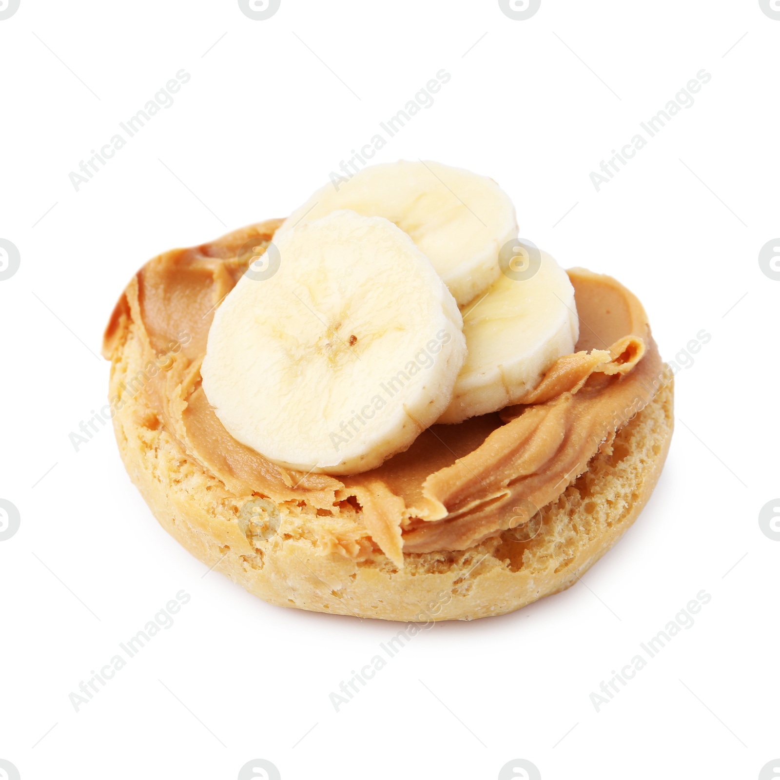 Photo of Tasty sandwich with peanut butter and banana isolated on white