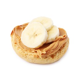 Photo of Tasty sandwich with peanut butter and banana isolated on white