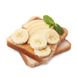 Photo of Tasty sandwich with peanut butter, apple, banana and mint isolated on white