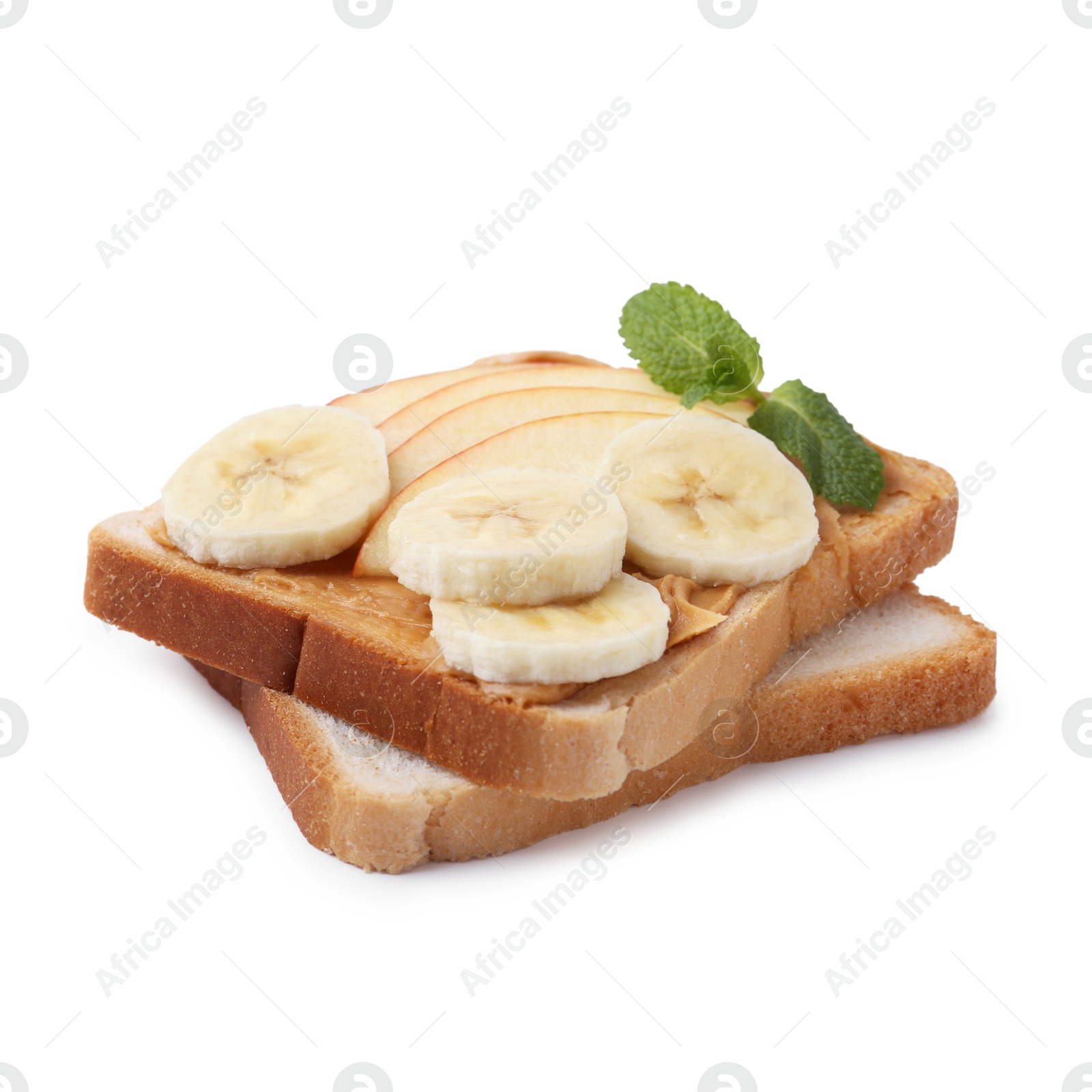 Photo of Tasty sandwich with peanut butter, apple, banana and mint isolated on white