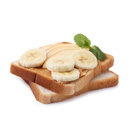 Photo of Tasty sandwich with peanut butter, apple, banana and mint isolated on white