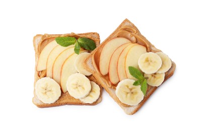 Photo of Tasty sandwiches with peanut butter, apple, banana and mint isolated on white, top view