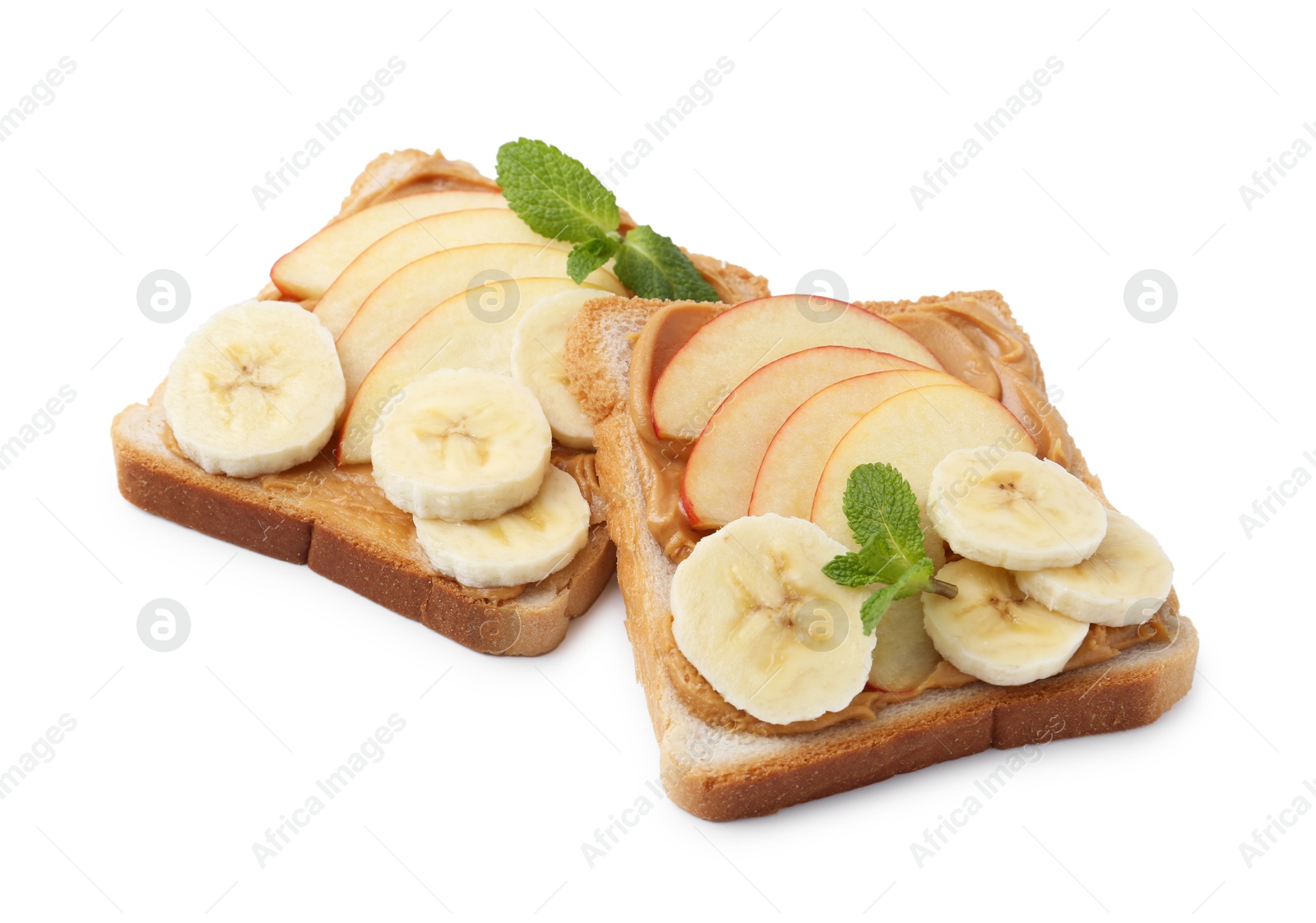 Photo of Tasty sandwiches with peanut butter, apple, banana and mint isolated on white