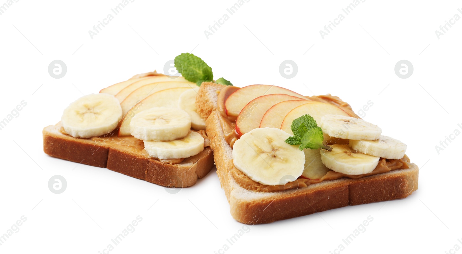 Photo of Tasty sandwiches with peanut butter, apple, banana and mint isolated on white