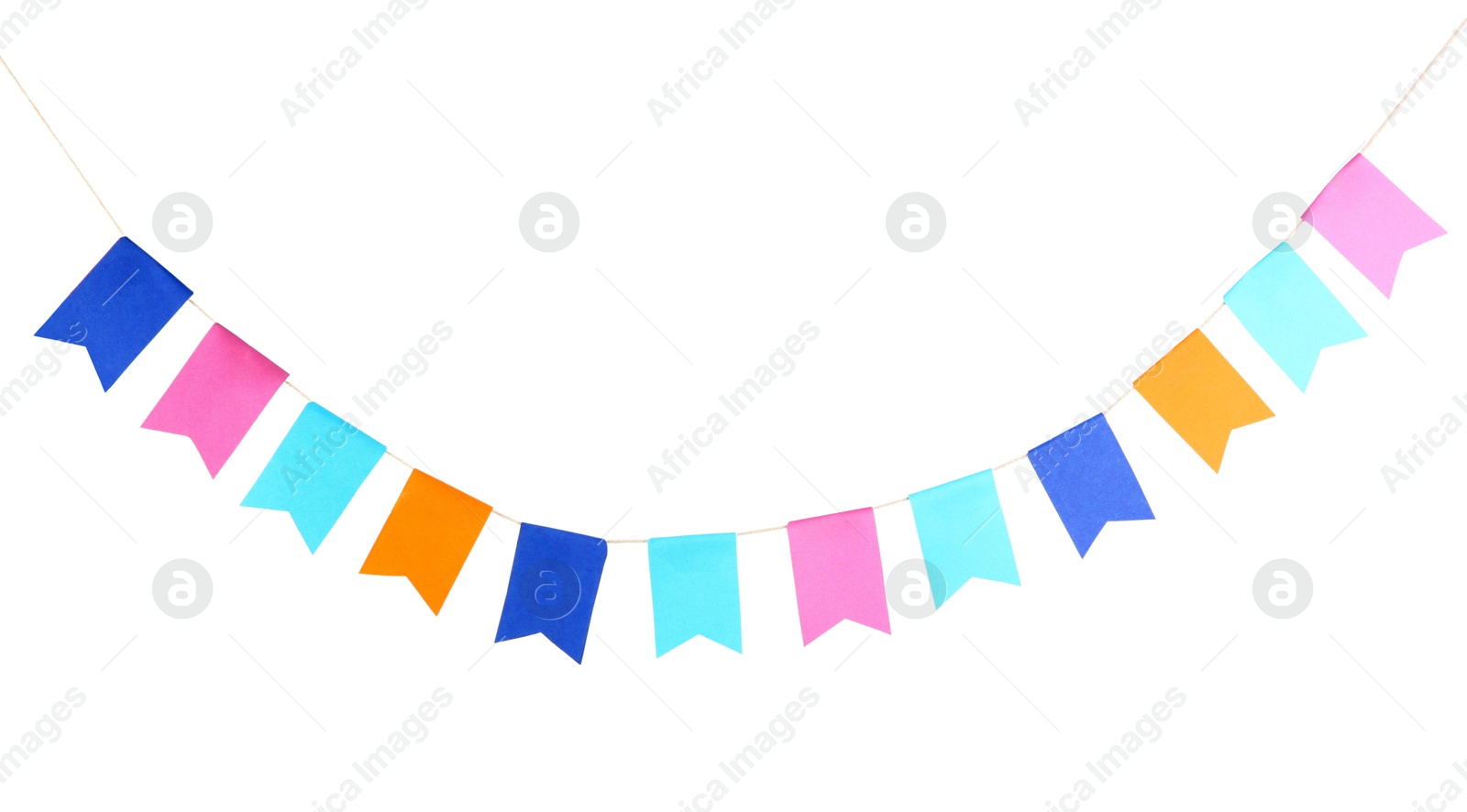 Colorful party flags isolated on white. Festive decor Photo of Colorful party flags isolated on white. Festive decor