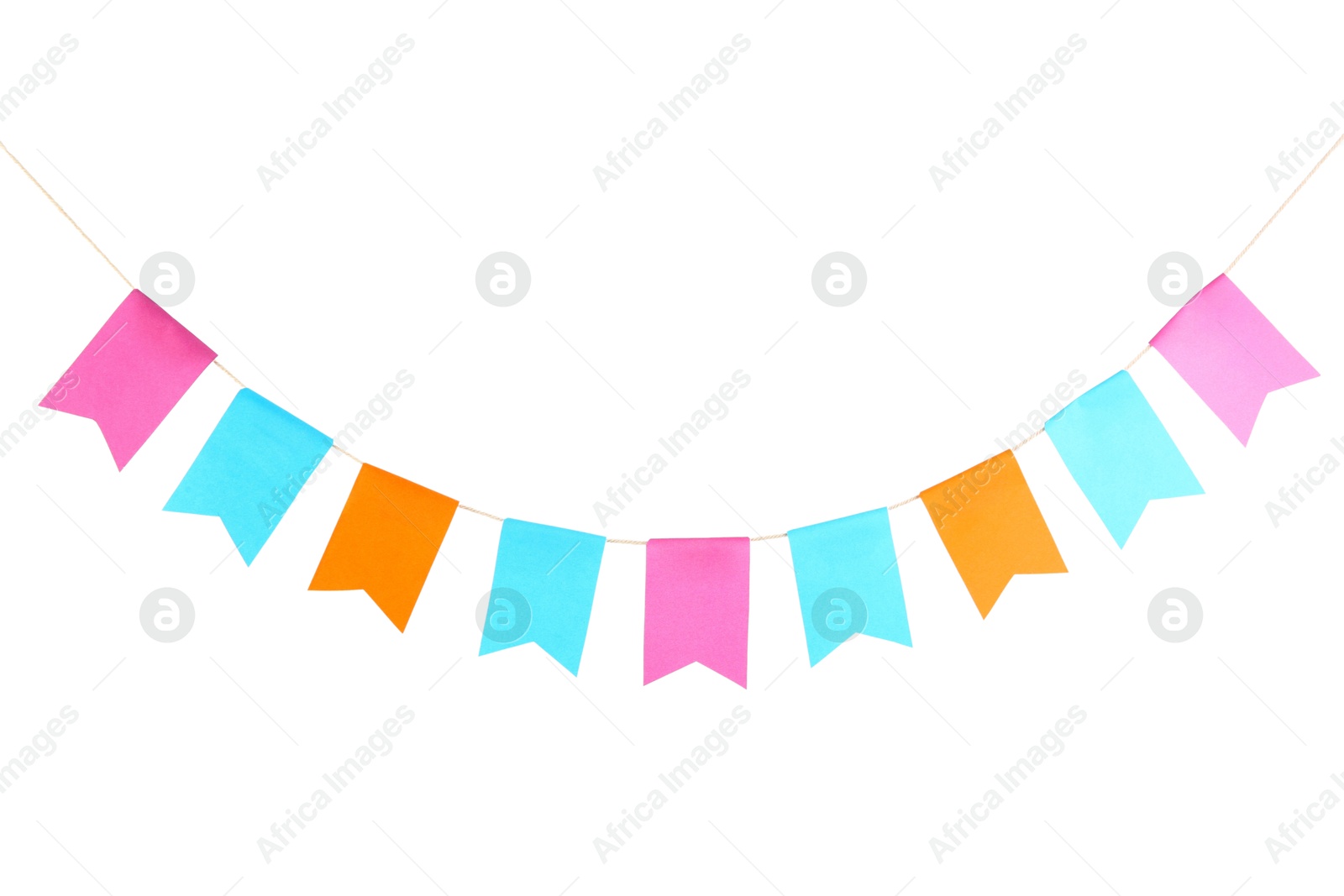 Photo of Colorful party flags isolated on white. Festive decor