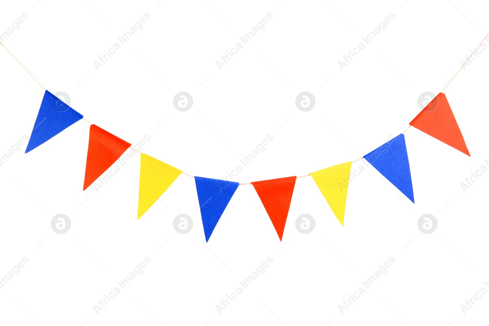 Photo of Colorful party flags isolated on white. Festive decor