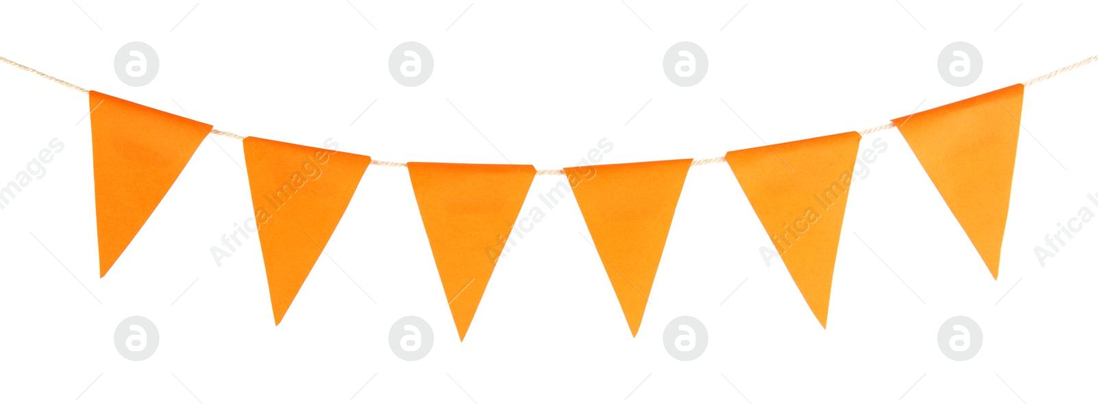 Orange party flags isolated on white. Festive decor Photo of Orange party flags isolated on white. Festive decor