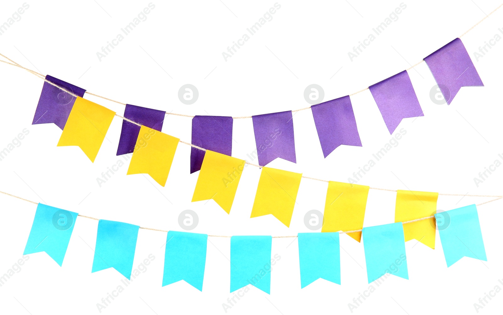 Photo of Colorful party flags isolated on white. Festive decor