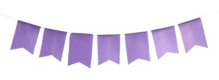 Photo of Purple party flags isolated on white. Festive decor