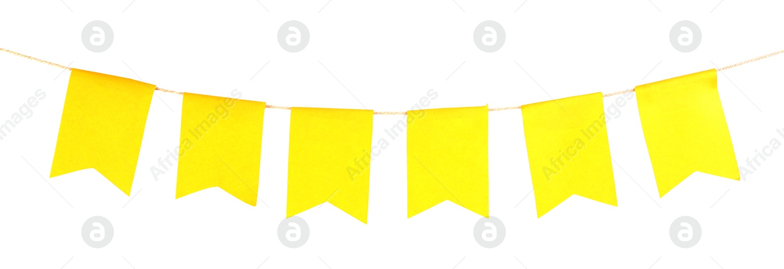 Photo of Yellow party flags isolated on white. Festive decor