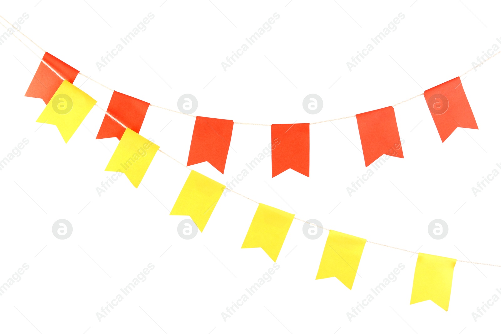 Photo of Colorful party flags isolated on white. Festive decor