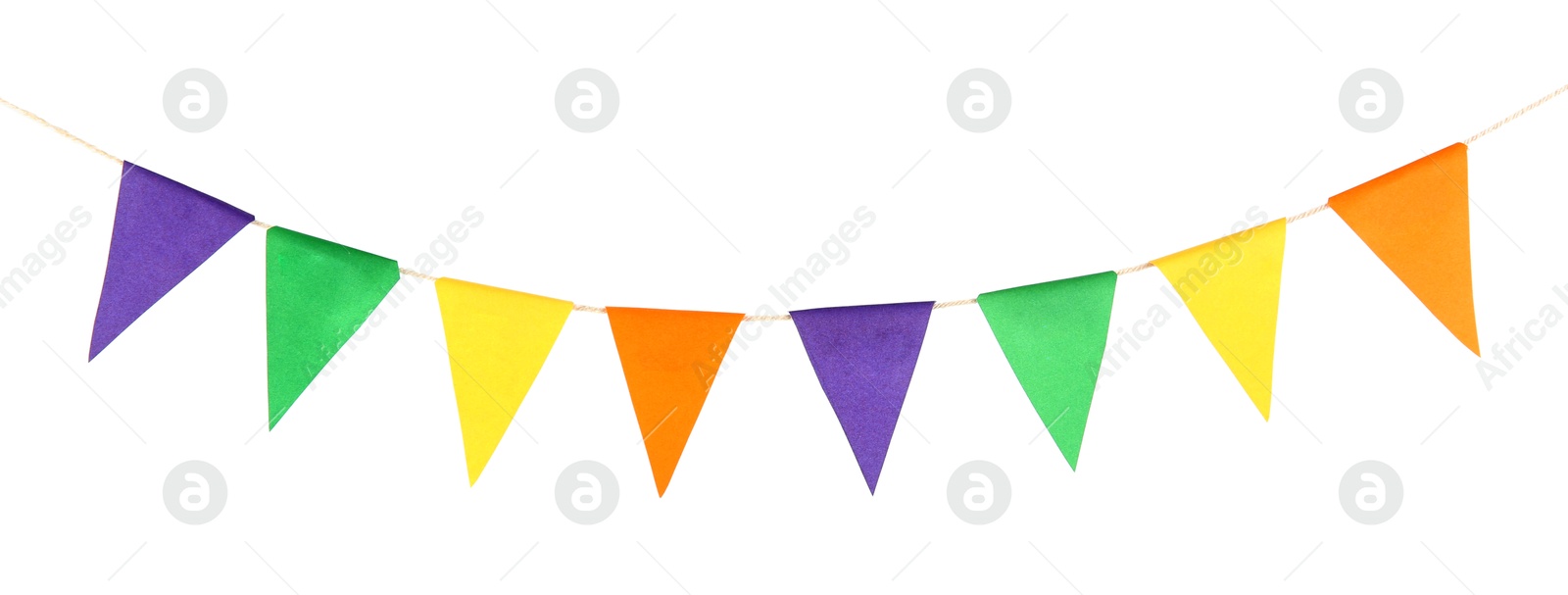 Photo of Colorful party flags isolated on white. Festive decor