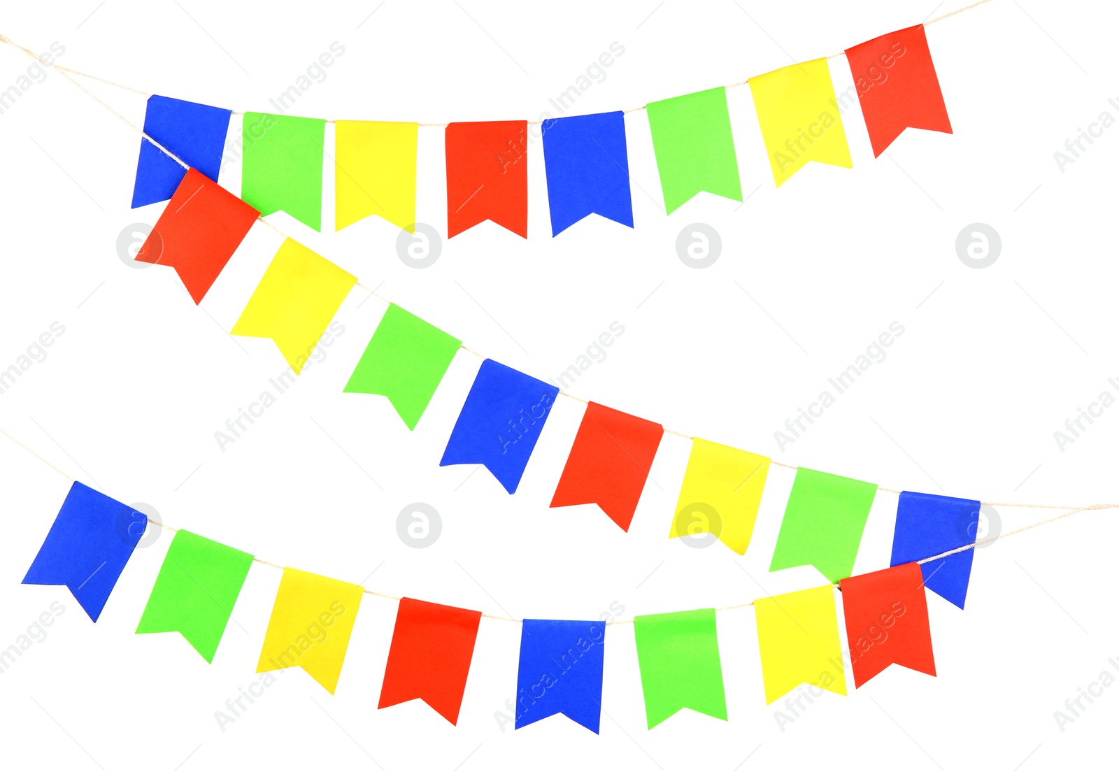 Photo of Colorful party flags isolated on white. Festive decor