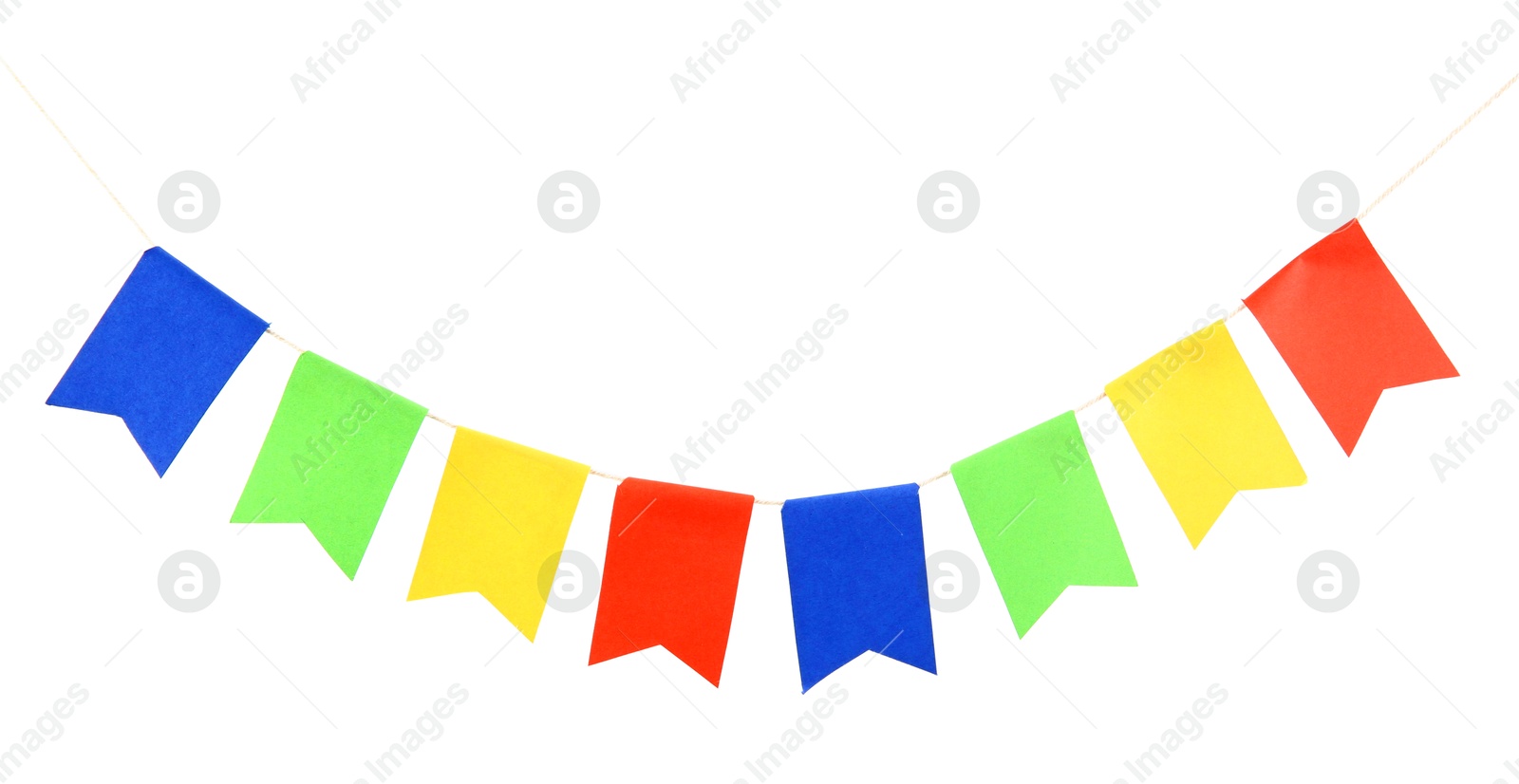 Colorful party flags isolated on white. Festive decor Photo of Colorful party flags isolated on white. Festive decor