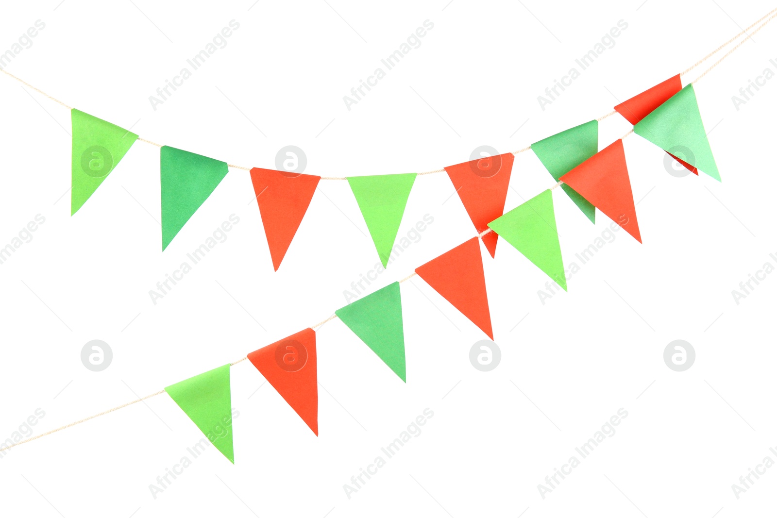 Photo of Colorful party flags isolated on white. Festive decor