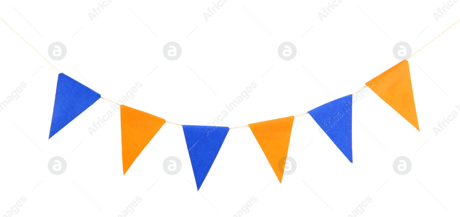 Photo of Colorful party flags isolated on white. Festive decor