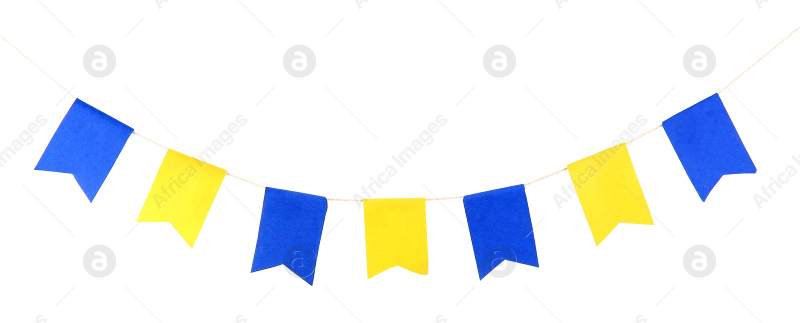 Photo of Colorful party flags isolated on white. Festive decor