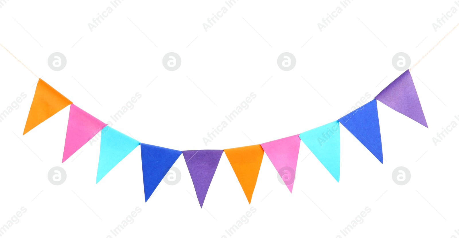 Photo of Colorful party flags isolated on white. Festive decor