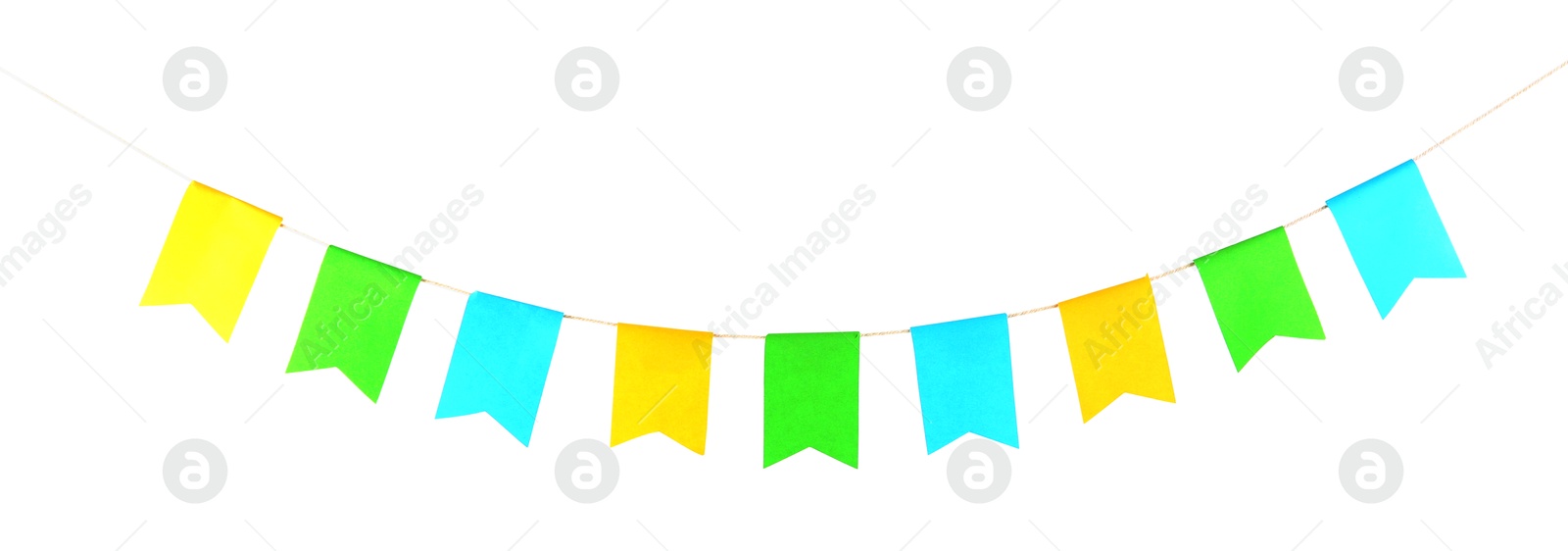 Photo of Colorful party flags isolated on white. Festive decor