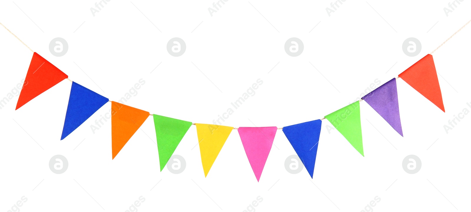 Photo of Colorful party flags isolated on white. Festive decor