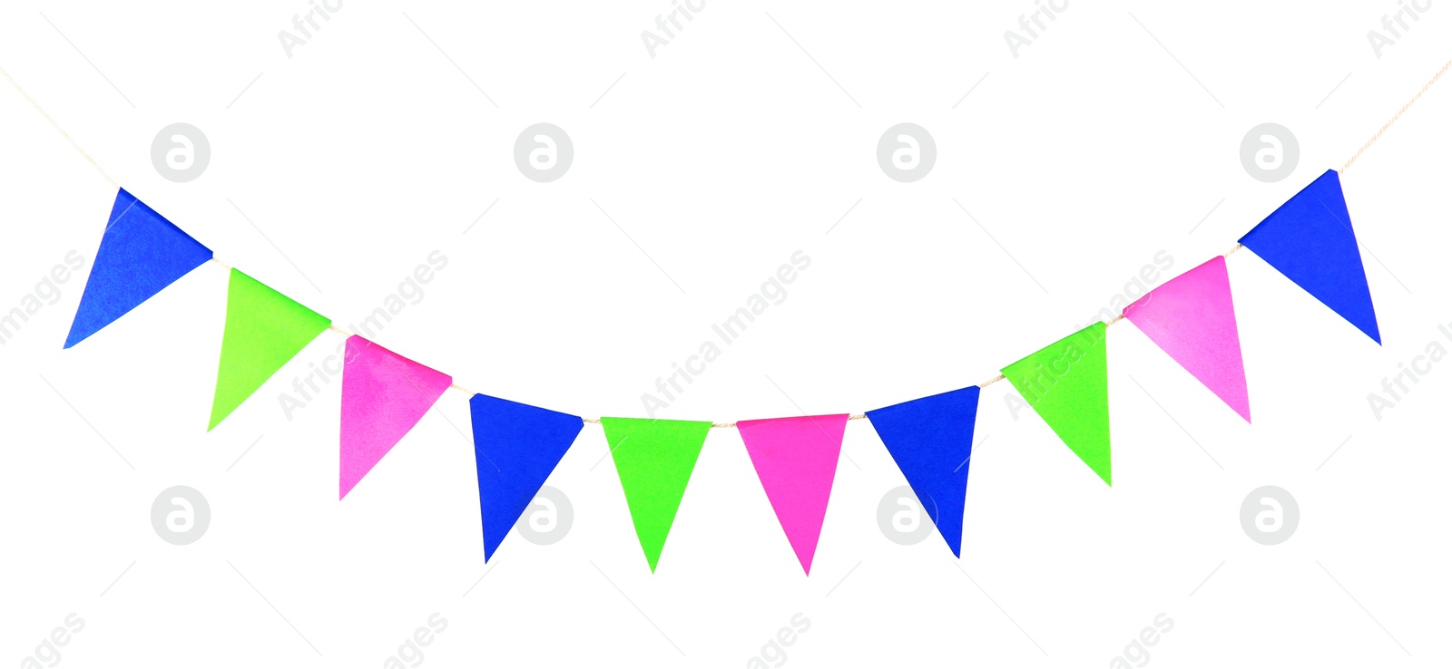 Colorful party flags isolated on white. Festive decor Photo of Colorful party flags isolated on white. Festive decor