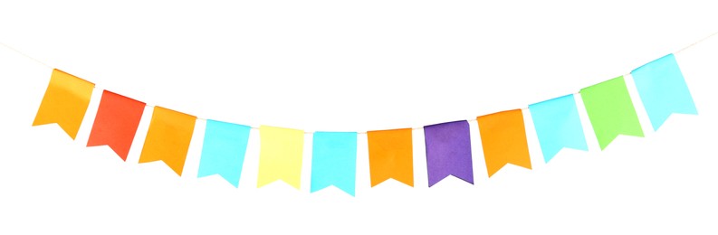 Photo of Colorful party flags isolated on white. Festive decor