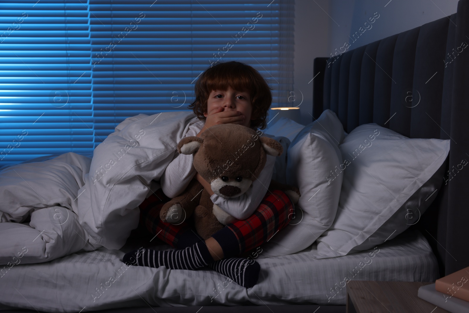 Photo of Scared boy with teddy bear in bed at night