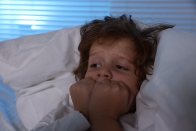 Photo of Scared boy under duvet in bed at night