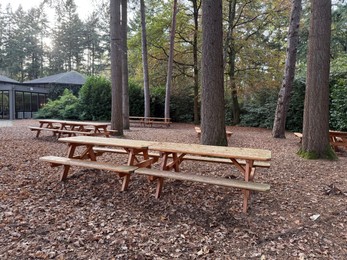 Photo of Wooden picnic tables with benches in autumn park