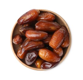 Photo of Tasty sweet dried dates in wooden bowl isolated on white, top view