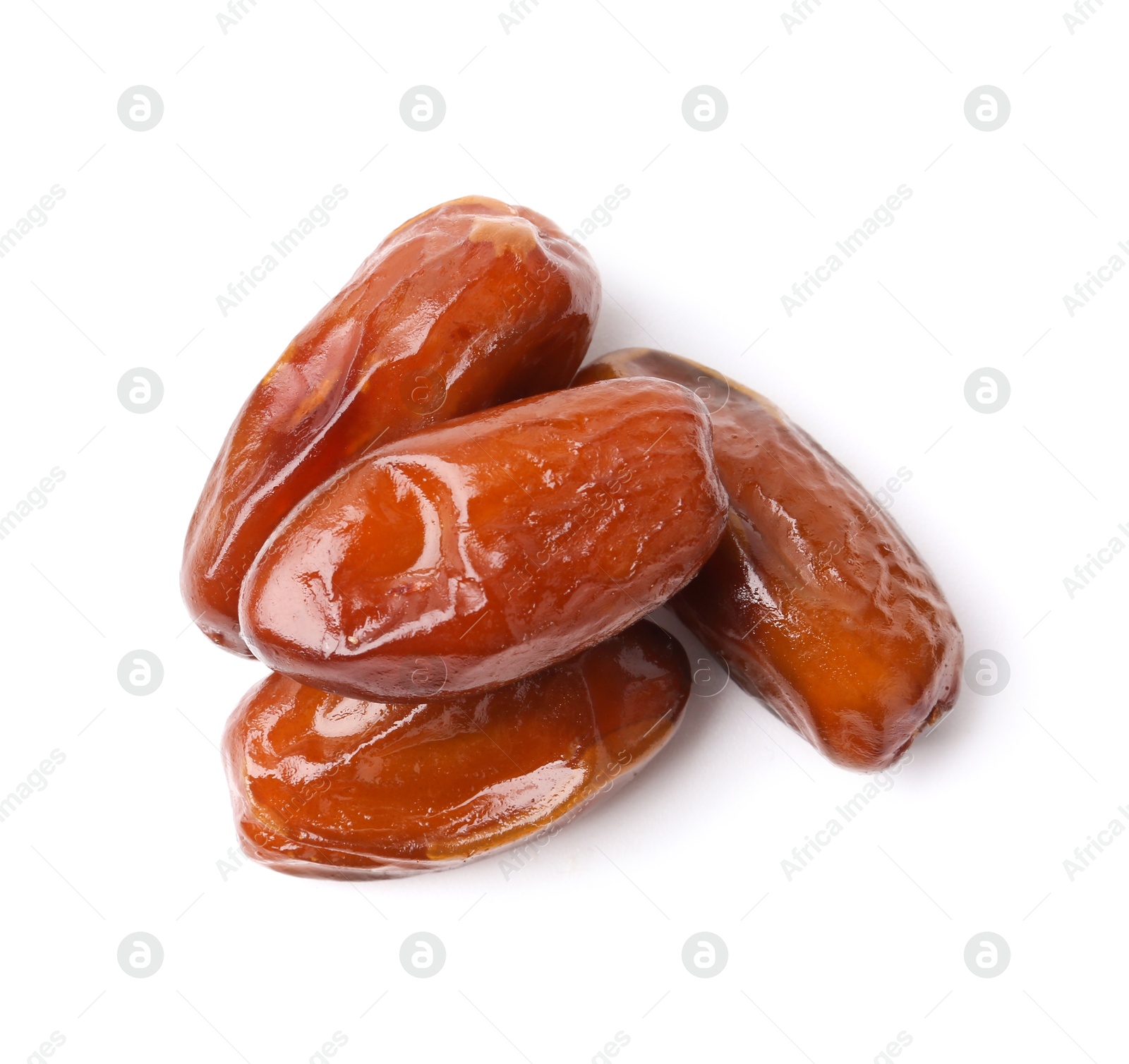 Photo of Tasty sweet dried dates isolated on white, top view