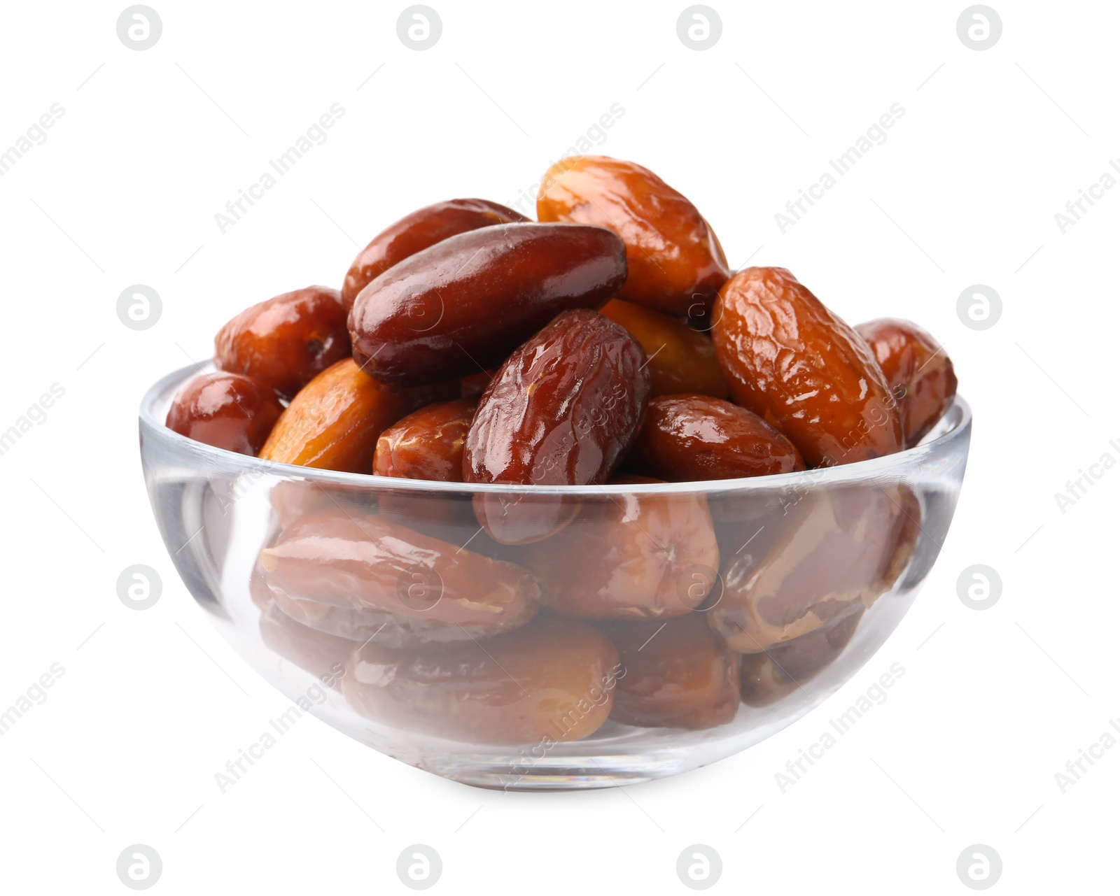 Photo of Tasty dried dates in glass bowl isolated on white