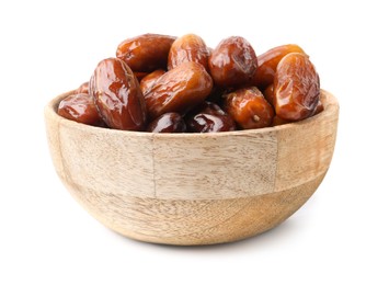 Photo of Tasty dried dates in wooden bowl isolated on white